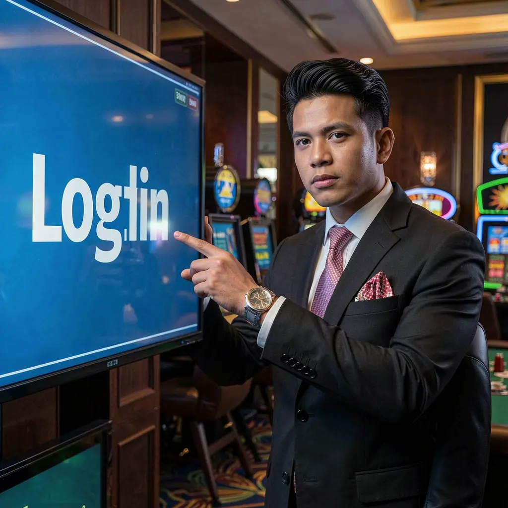 Elegant live casino dealer from Malaysia pointing at a glowing login interface inside a modern DIRIWAN88 casino environment