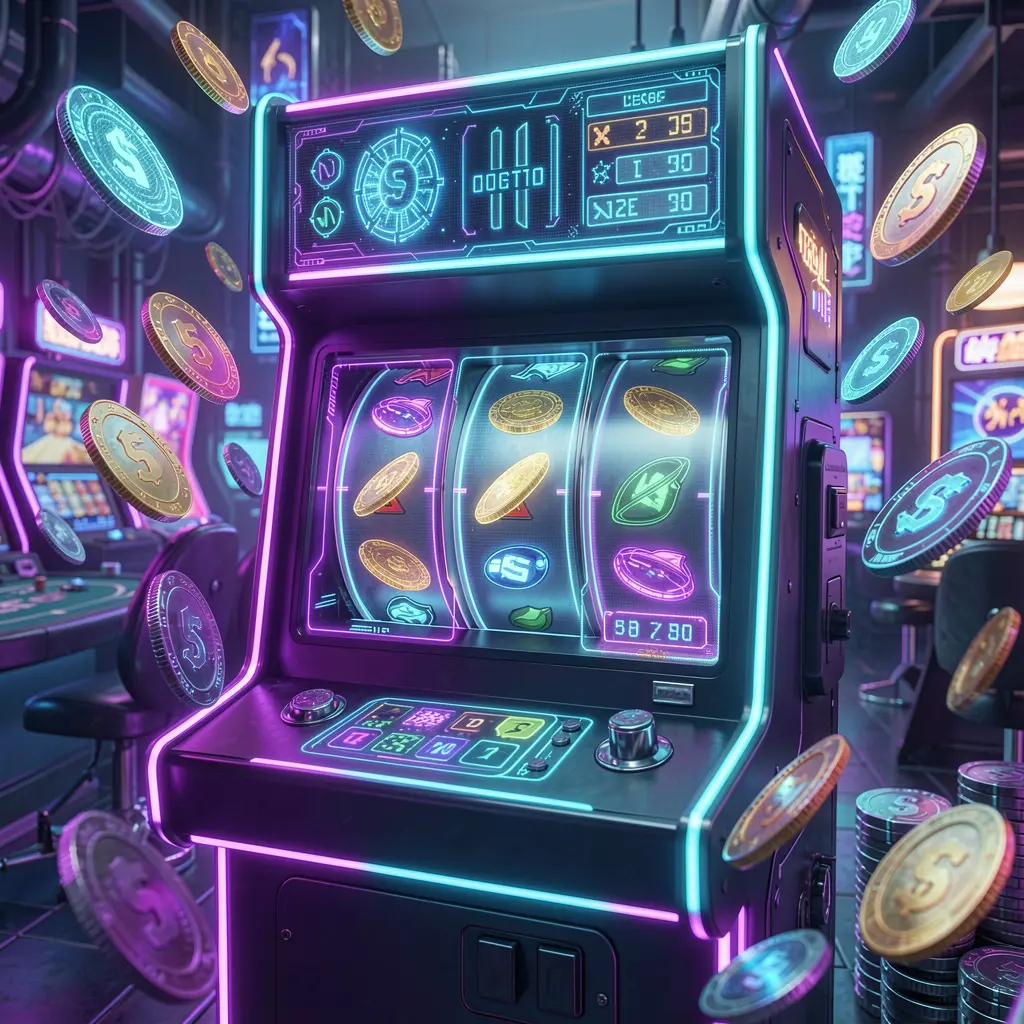 Futuristic slot machine with glowing reels and floating coins showcasing the immersive DIRIWAN88 casino experience for players in Malaysia